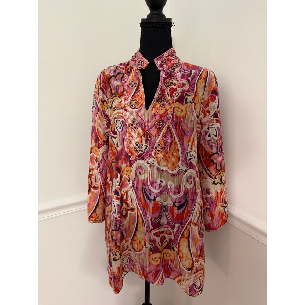 Chicos Tunic Top boho blouse Beaded Paisley Print Women Size‎ L